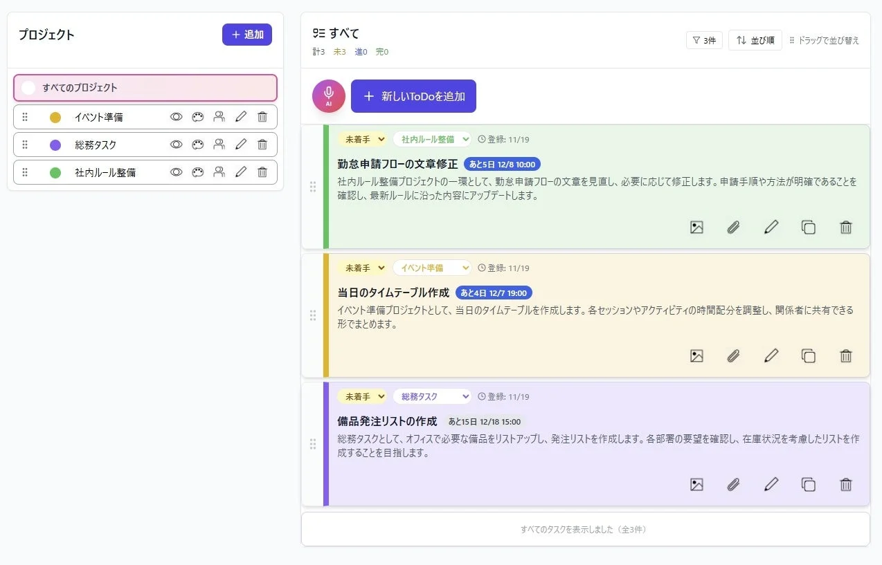 自動生成されたタスクがプロジェクトに登録された画面