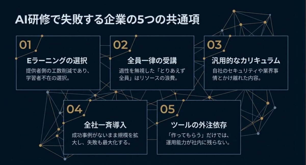 AI研修で失敗する企業の5つの共通項 01 Eラーニングの選択 提供者側の工数削減であり、学習者不在の選択。 02 全員一律の受講 適性を無視した「とりあえず全員」はリソースの浪費。 03 汎用的なカリキュラム 自社のセキュリティや業界事情とかけ離れた内容。 04 全社一斉導入 成功事例がないまま規模を拡大し、失敗も最大化する。 05 ツールの外注依存 「作ってもらう」だけでは、運用能力が社内に残らない。