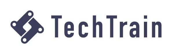 「TechTrain」という文字と、連結した部品のような抽象的なロゴマークが組み合わされた企業ロゴです。背景は白です。