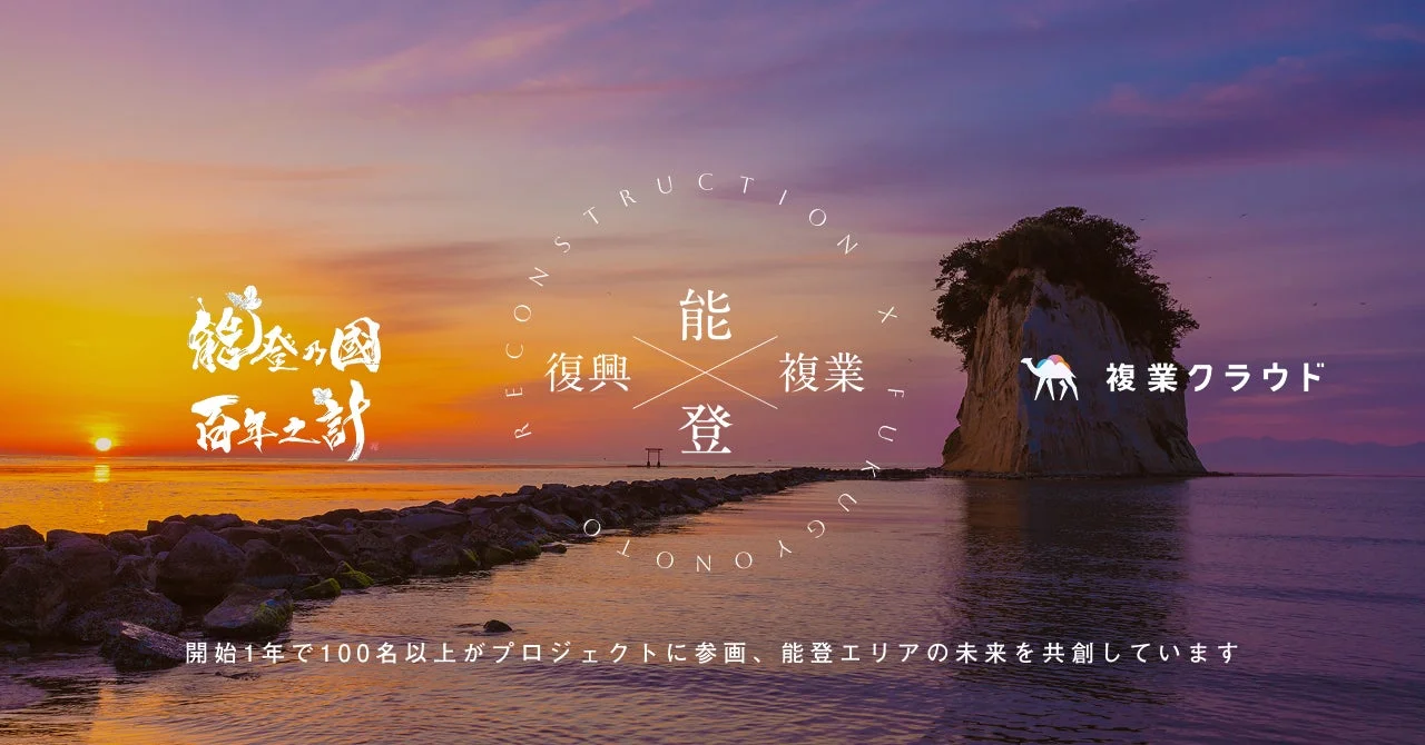 能登の夕焼けと複業クラウドのロゴ