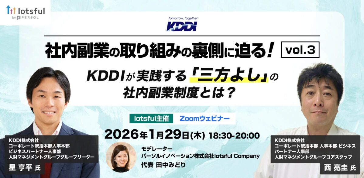 KDDIが実践する「三方よし」の社内副業制度に焦点を当てたZoomウェビナーの告知画像。lotsful主催で、KDDIの人事担当者2名が登壇し、パーソルイノベーションの田中みどり氏がモデレーターを務める。2026年1月29日開催。