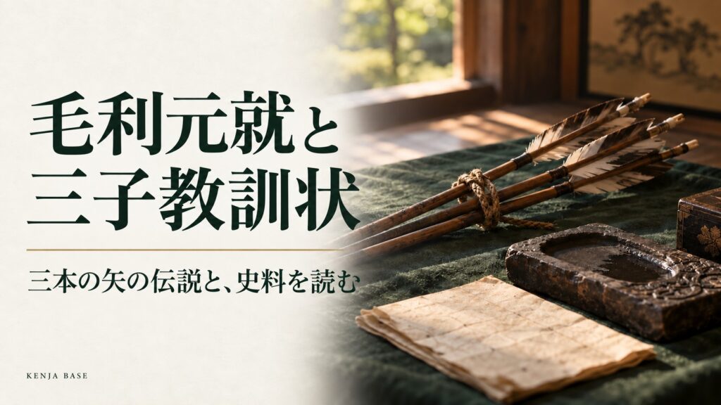 毛利元就と三子教訓状。三本の矢と和紙を配し、伝説と史料を読む記事の表紙