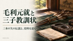 毛利元就と三子教訓状。三本の矢と和紙を配し、伝説と史料を読む記事の表紙