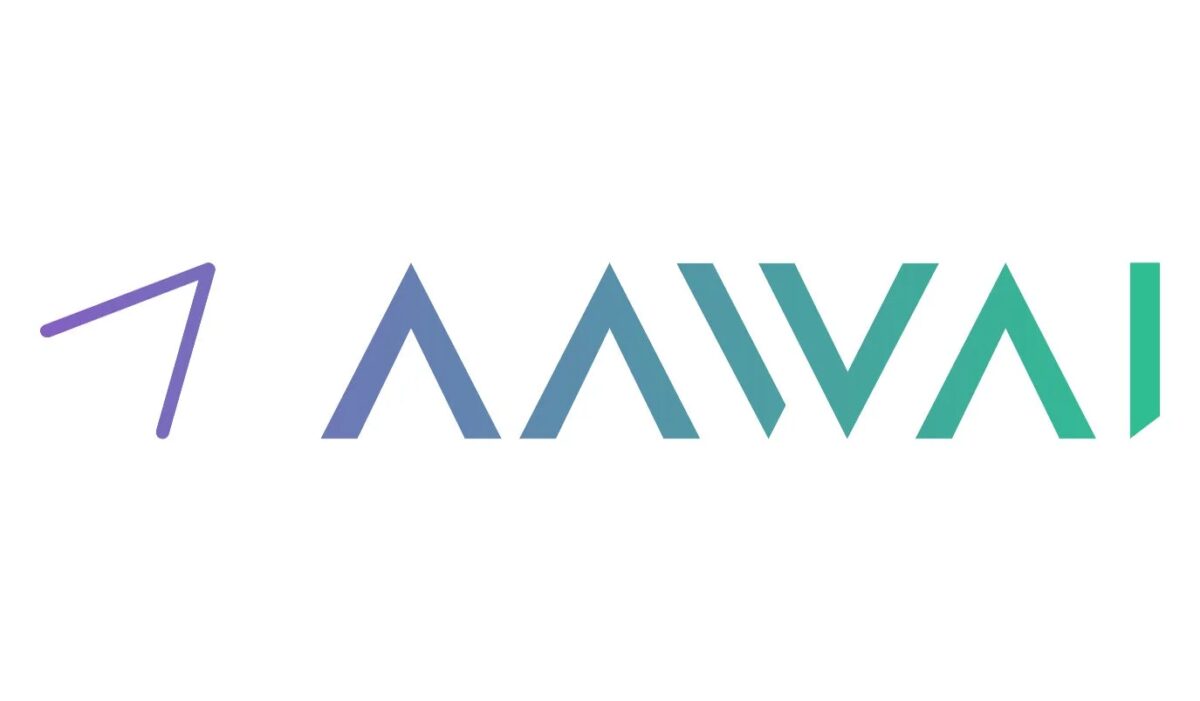 白い背景に、紫から緑へのグラデーションで「AAWAI」と書かれたロゴマーク。最初の文字は独特の形状をしており、モダンで抽象的なデザインです。