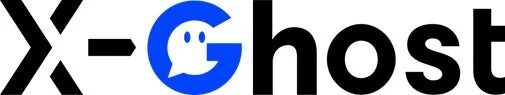 「X-Ghost」というテキストロゴが描かれています。文字の「G」は、青い円の中に白いゴーストのアイコンがデザインされており、特徴的です。黒い文字と青いアイコンの組み合わせが目を引きます。
