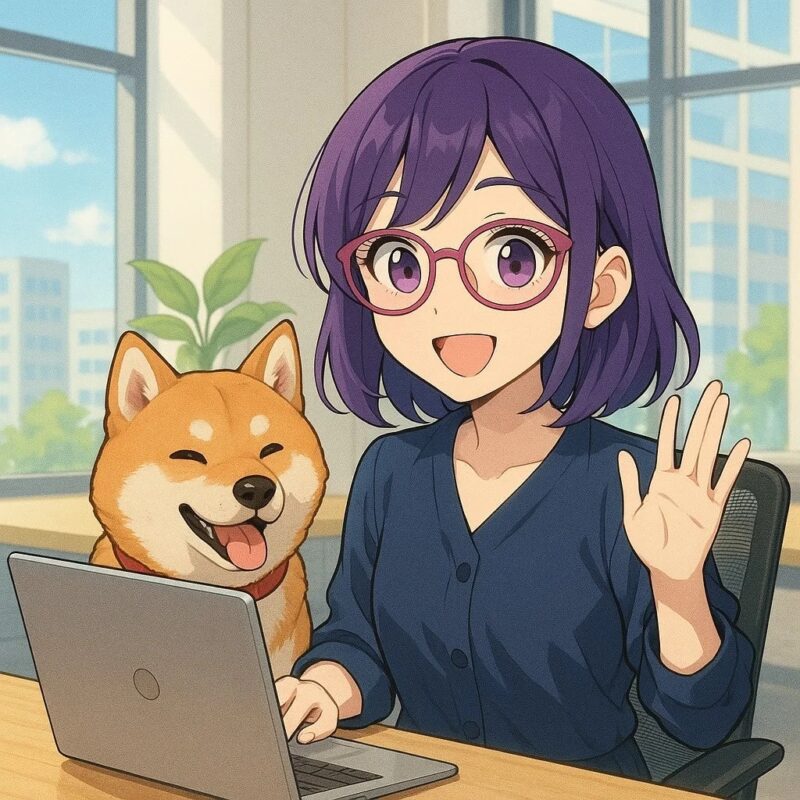 紫色の髪と眼鏡の女性と柴犬がノートパソコンに向かうイラスト