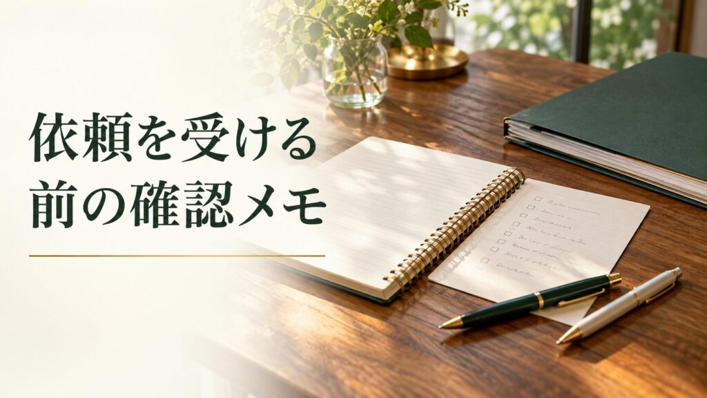 依頼を受ける前の確認メモ。記事テーマを表す写真風の表紙