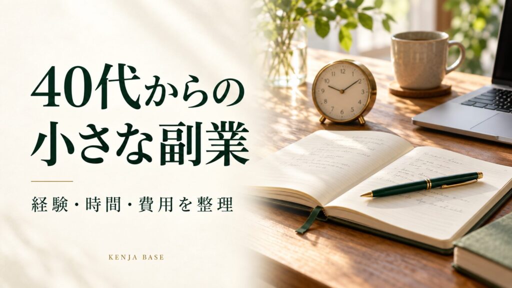 40代からの小さな副業。ノートと時計を配し経験・時間・費用の整理を表した写真風の表紙