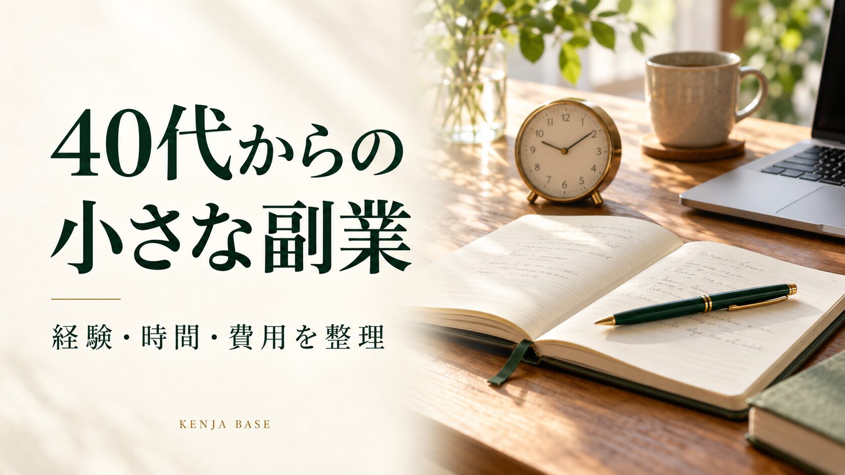 40代からの小さな副業。ノートと時計を配し経験・時間・費用の整理を表した写真風の表紙