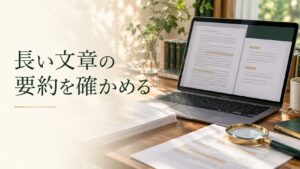 長い文章の要約を確かめる。記事テーマを表す写真風の表紙