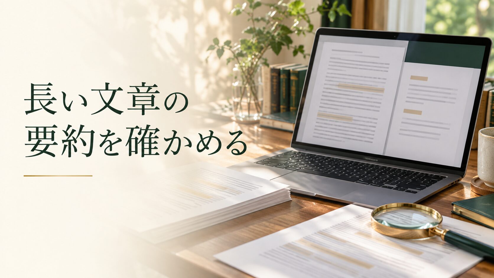 長い文章の要約を確かめる。記事テーマを表す写真風の表紙