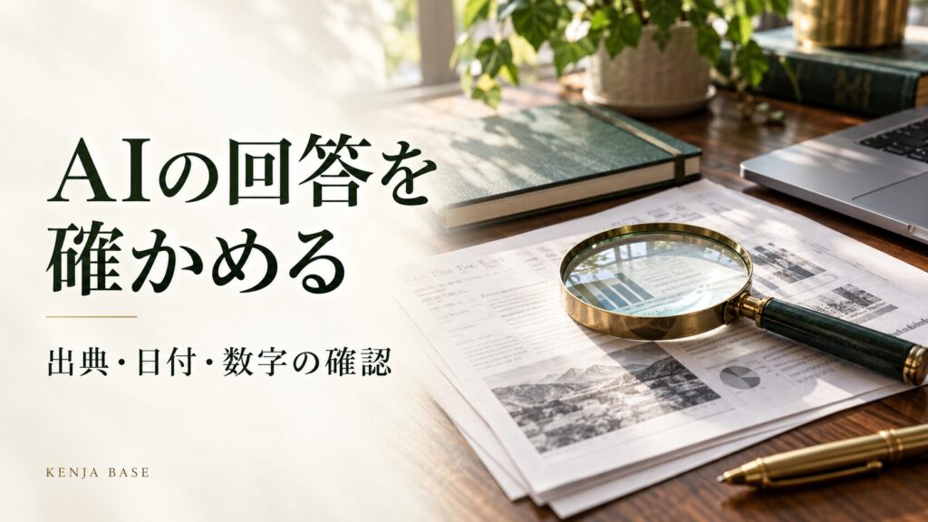 AIの回答を確かめる。資料と虫眼鏡を配した写真風の表紙