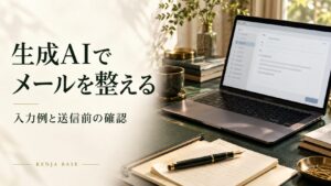 生成AIでメールを整える。ノートとパソコンを配した写真風の表紙