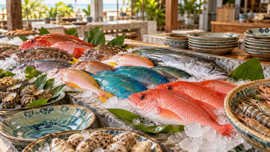 魚市場の食材と器を配した写真風の生成画像
