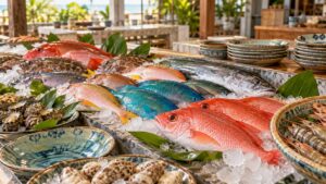 魚市場の食材と器を配した写真風の生成画像