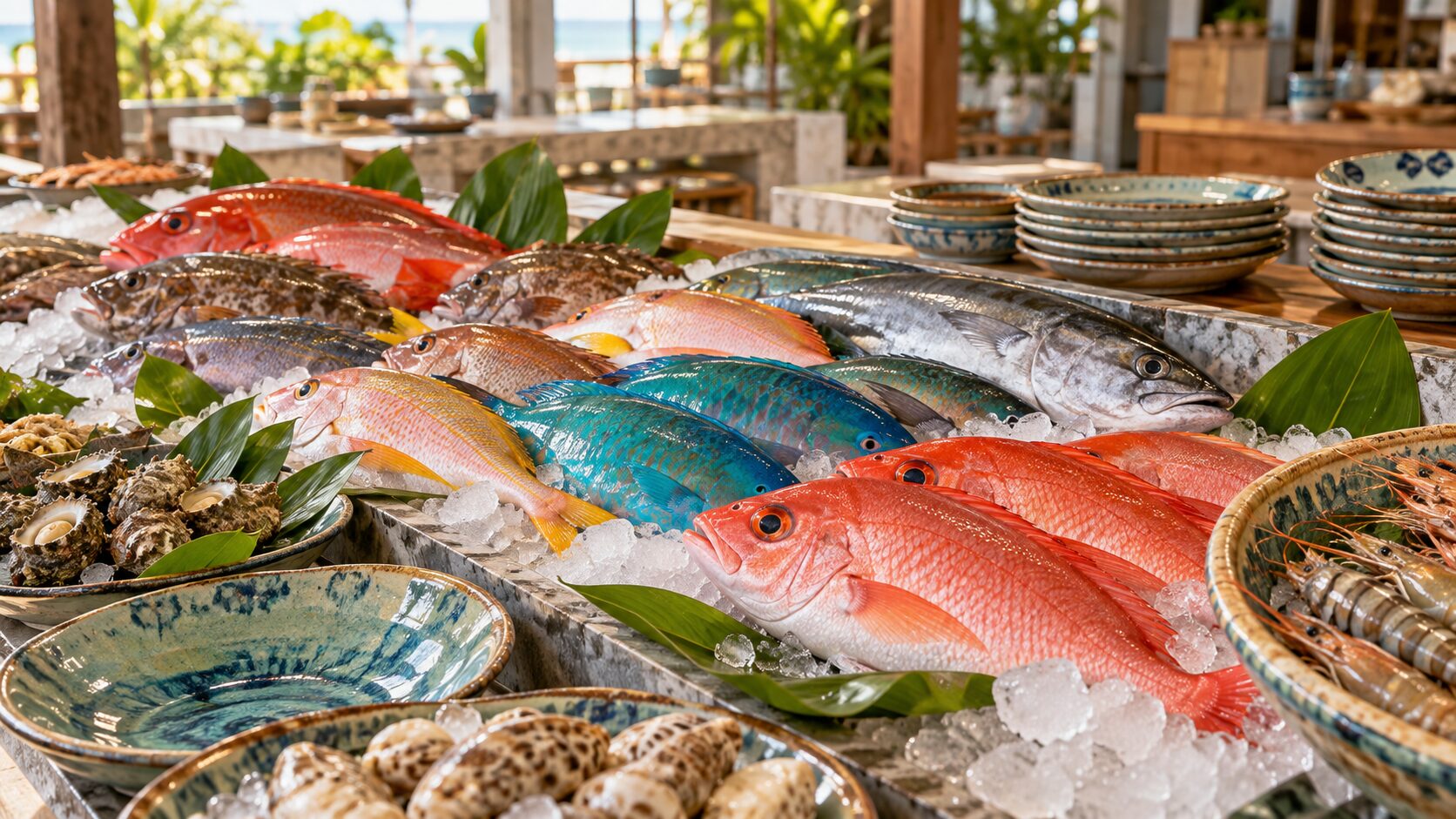 魚市場の食材と器を配した写真風の生成画像
