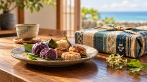 菓子と布で包んだ土産を配した写真風の生成画像