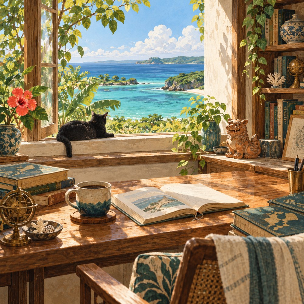 沖縄の海を望む読書部屋でくつろぐ黒猫のイラスト